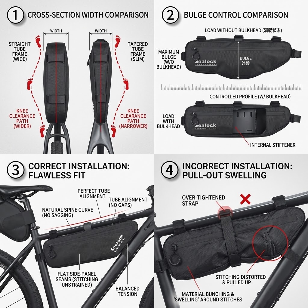 Tapered versus slim frame bag width against knee path, baffle limiting bulge, and correct versus over-tightened strap fitting